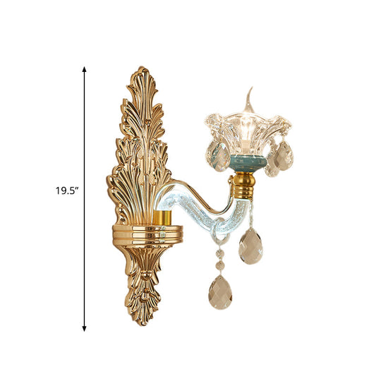 Traditional Gold Floral Wall Sconce With Clear Glass Fixture For Living Room