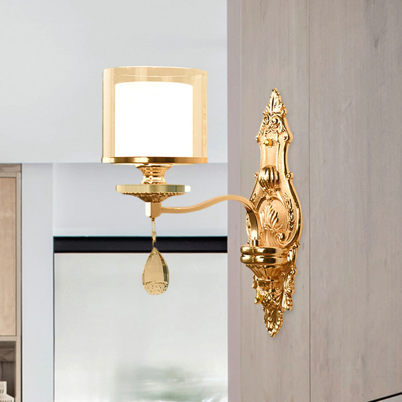 Retro Gold Wall Sconce With Clear And Frosted Glass Shade - 1 Light Mount Lamp For Living Room
