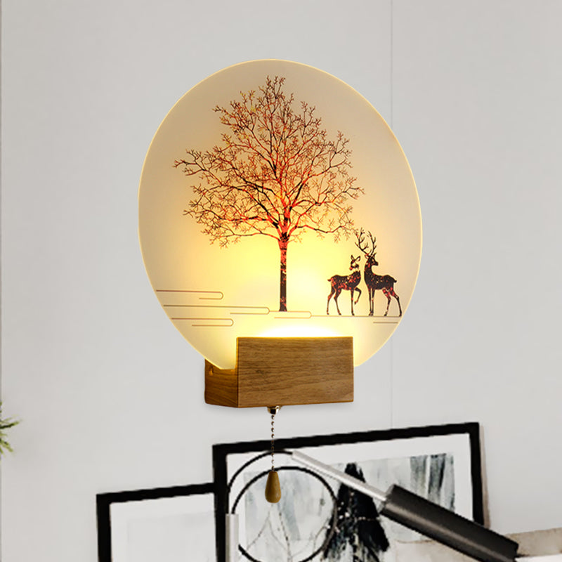 Nordic Deer Tree Mural Led Wall Sconce In Wood With Pull Chain - Acrylic Workshop Lamp
