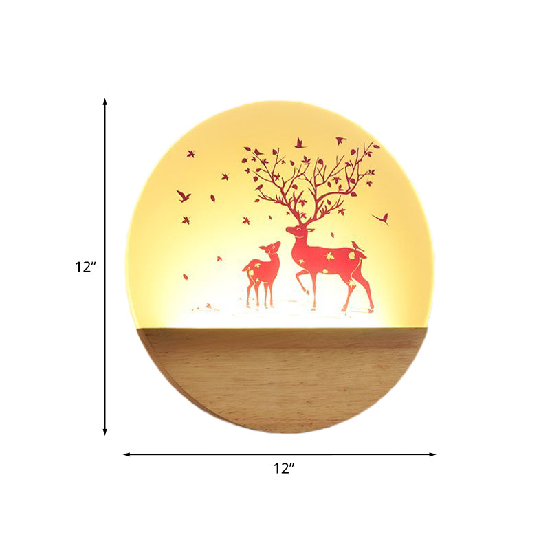 Nordic Wood Sconce With Led Mural Light Deer/Bird Patterned Acrylic Shade - Ideal For Bedroom Wall