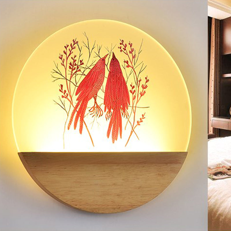 Nordic Wood Sconce With Led Mural Light Deer/Bird Patterned Acrylic Shade - Ideal For Bedroom Wall