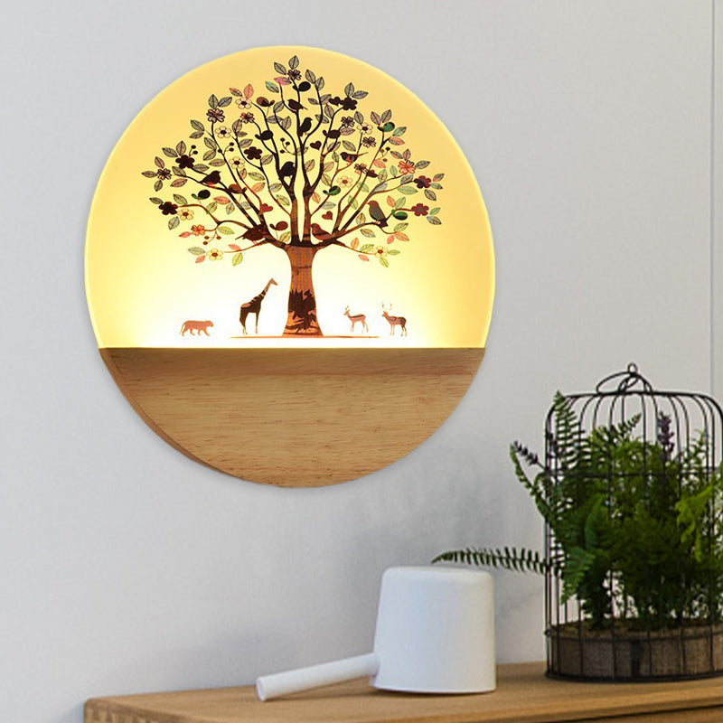 Nordic Led Wall Light With Wood Tree And Animal/Flowering Print Design Acrylic Shade Included / B
