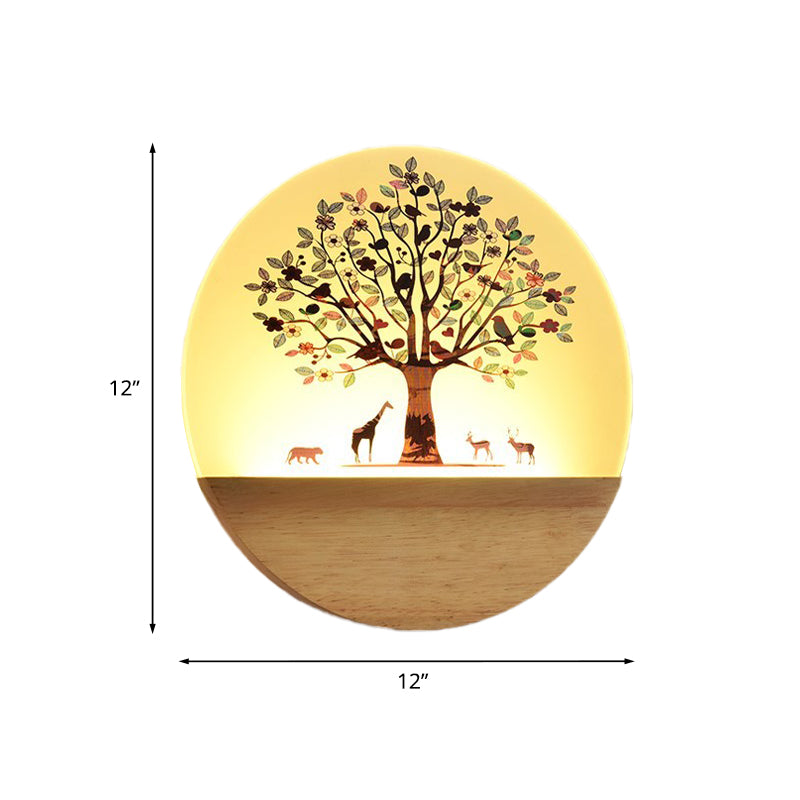 Nordic Led Wall Light With Wood Tree And Animal/Flowering Print Design Acrylic Shade Included