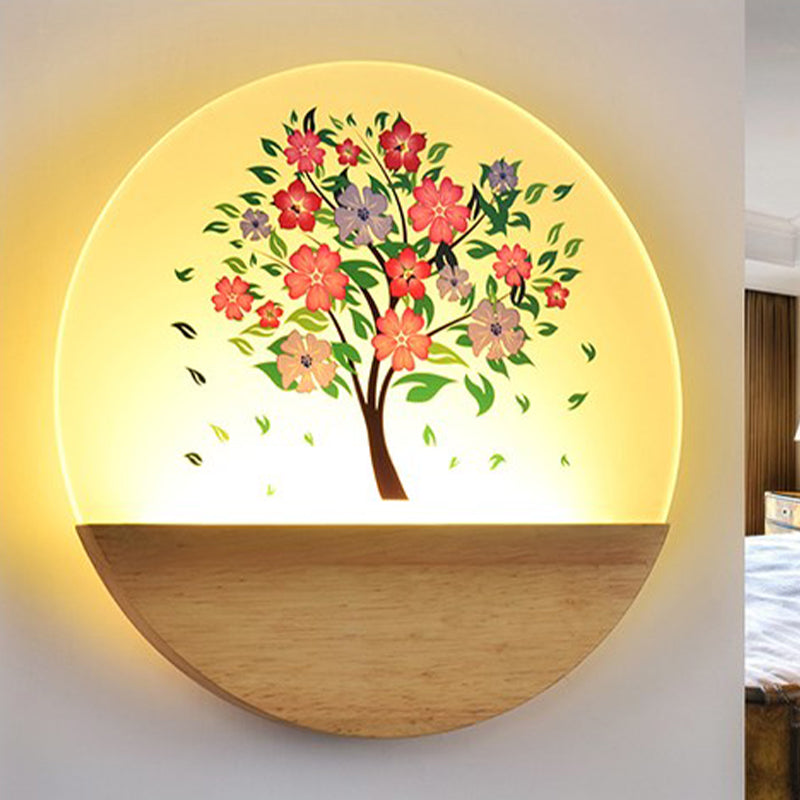 Nordic Led Wall Light With Wood Tree And Animal/Flowering Print Design Acrylic Shade Included / A