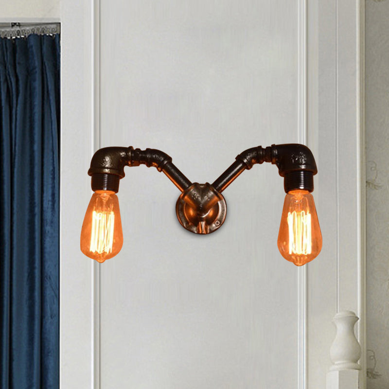 Farmhouse Black Metal Sconce Light Fixture With 2-Head Pipe Design And Open Bulb Wall Lighting