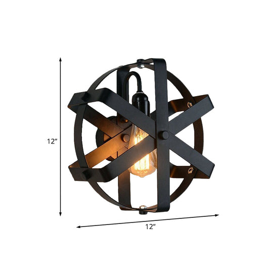 Metallic Black Wall Mount Sconce With Industrial Gear Design - Round Shade 1 Light