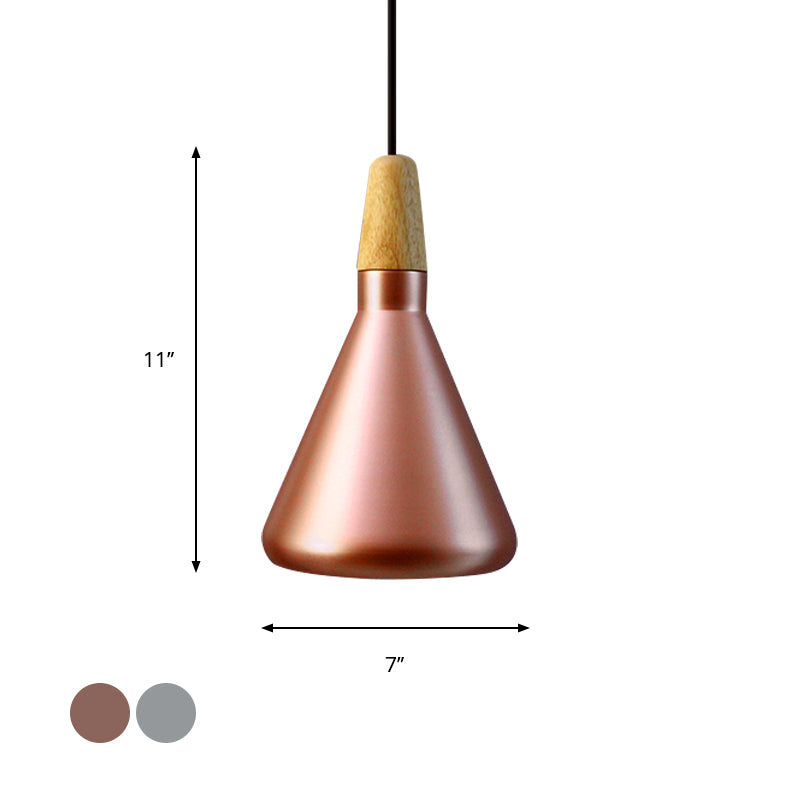 Retro Stylish Metal and Wood Kitchen Pendant Light - 7"/11"/15" Wide Conic Ceiling Lamp in Silver/Rose Gold