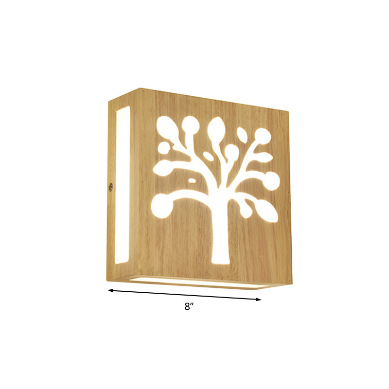 Modern Led Wood Square Wall Sconce: Beige Bedside Light With Cute Pattern