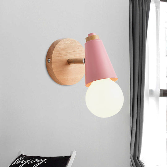 Macaron Loft Sweet Cone Wall Light - Metal/Wood Backplate Rotatable Single Blue/Green/Pink Corridor