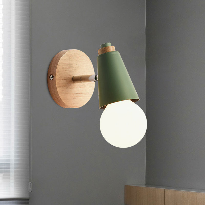 Macaron Loft Sweet Cone Wall Light - Metal/Wood Backplate Rotatable Single Blue/Green/Pink Corridor