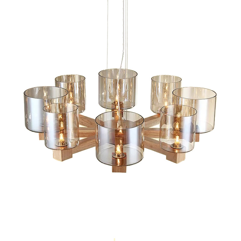 Industrial Wood Cylinder Chandelier With Radial Design - 4/6/8 Lights Amber Glass Hanging Pendant