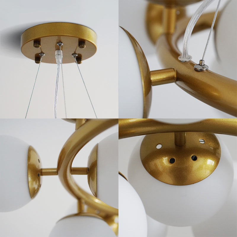 Modernist Gold Sphere Chandelier - 15-Light White Glass Pendant Light