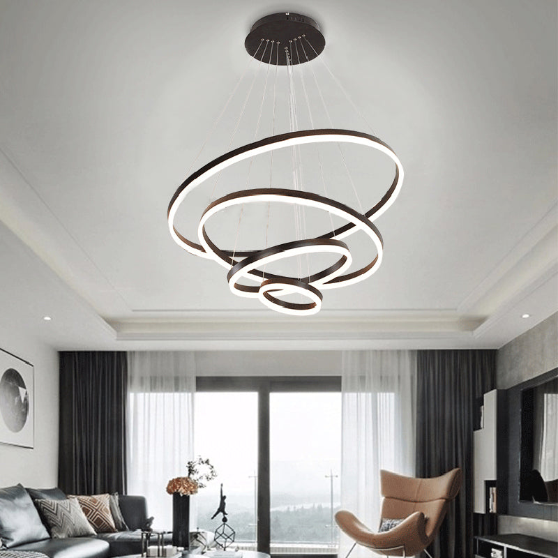 Contemporary Brown Acrylic Led Hoop Chandelier - Warm/White Light / White Four Rings