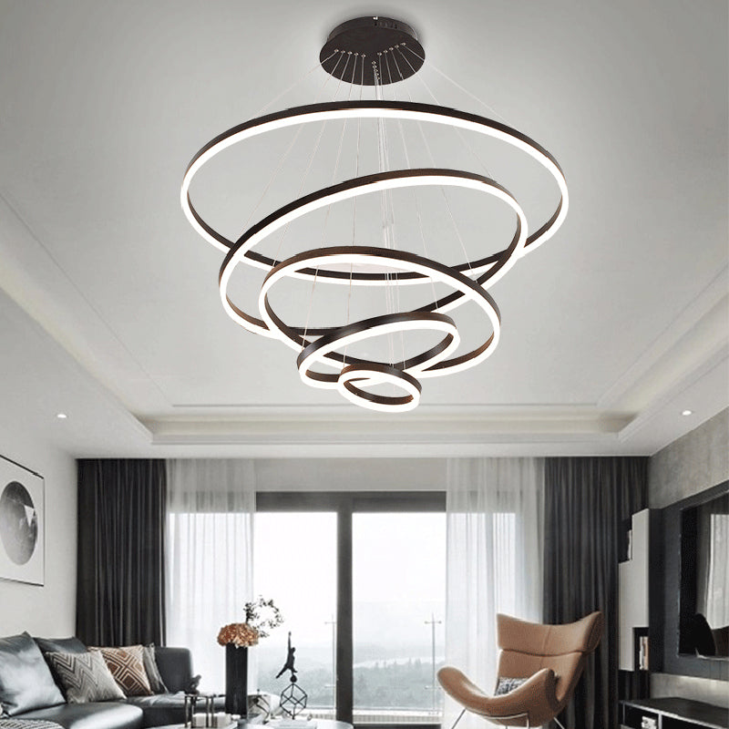 Contemporary Brown Acrylic Led Hoop Chandelier - Warm/White Light / White Five Rings