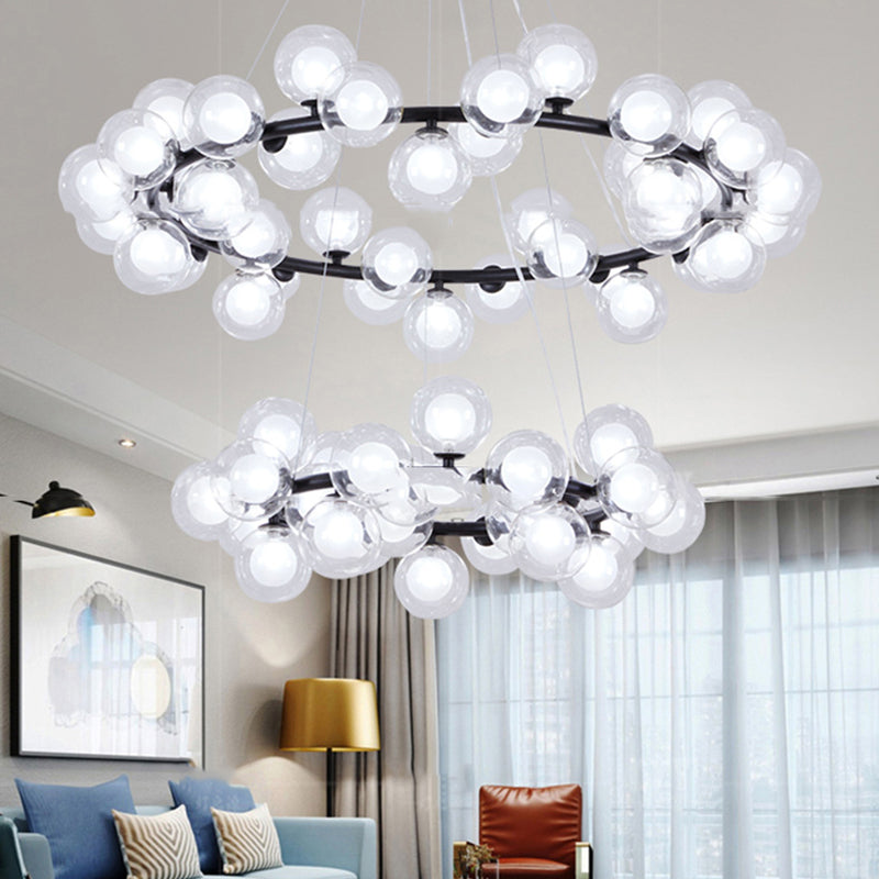 Contemporary Clear Glass Bubble Chandelier Light - Black Finish 2/3 Tiers Metal Ring Hanging Lamp