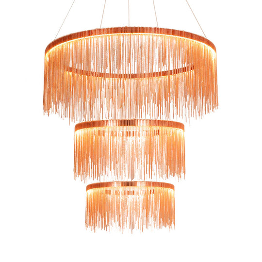 Contemporary Rose Gold Ceiling Lamp With Multi-Tiered Tassel Design - 1/2/3 Heads Chandelier Light