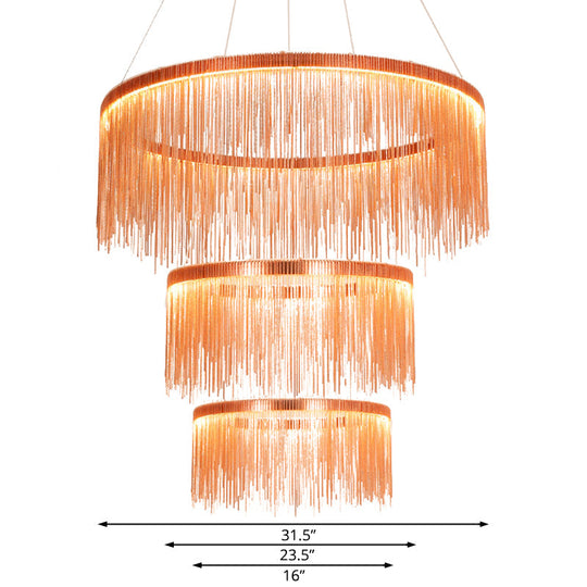 Contemporary Rose Gold Ceiling Lamp With Multi-Tiered Tassel Design - 1/2/3 Heads Chandelier Light