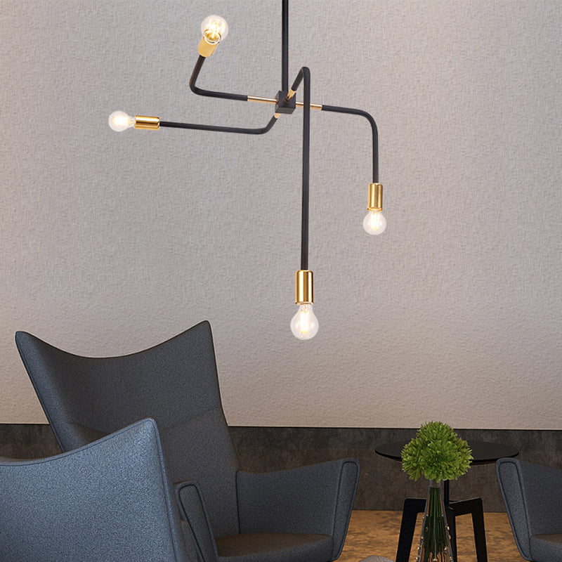 Postmodern Metal Hanging Chandelier With Curved Arms - Black Bare Bulbs Ideal For Living Room