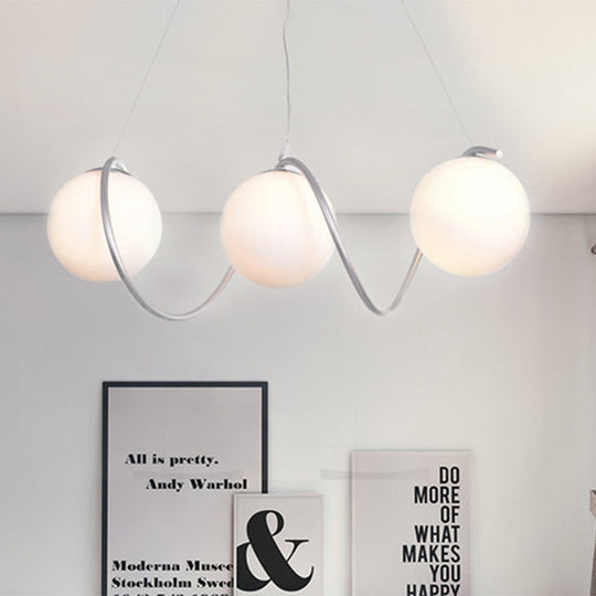 Sleek Spiral Iron Pendant Light With 3-Head Cluster And Globe White Glass Shade - Modern Style