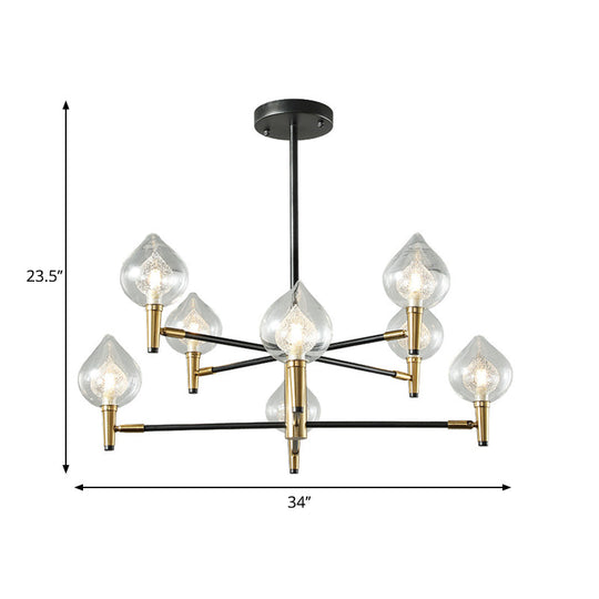 Postmodern Raindrop Chandelier: Clear and Seedy Glass Bedroom Drop Lamp with Branching Arm (6/8-Bulb), Black and Gold