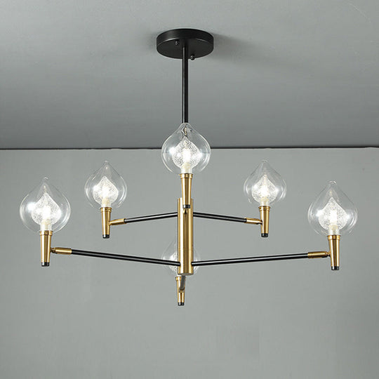Postmodern Raindrop Chandelier: Clear and Seedy Glass Bedroom Drop Lamp with Branching Arm (6/8-Bulb), Black and Gold