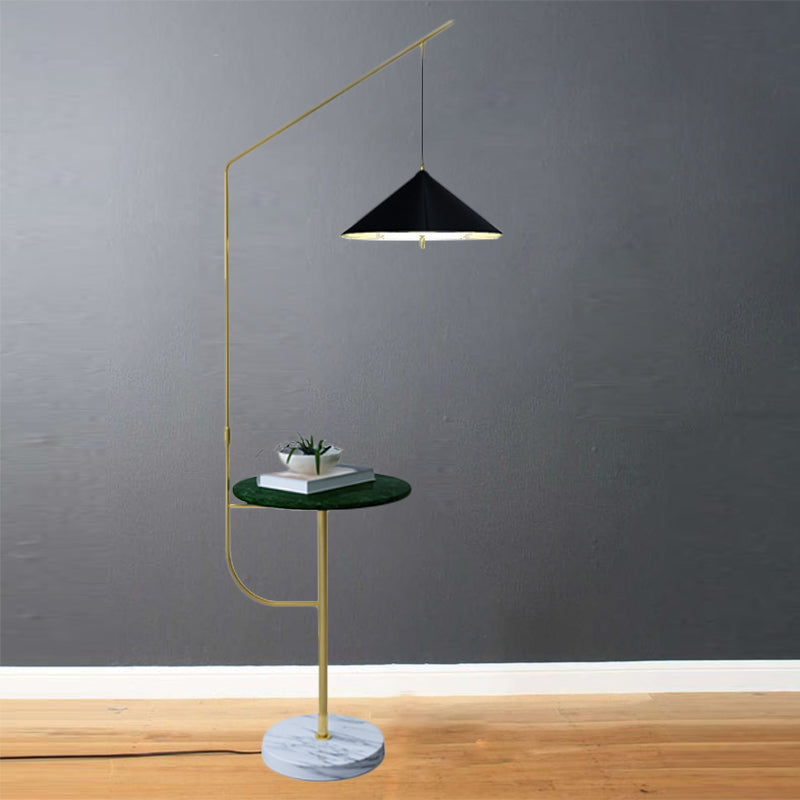 Modern Black And Gold Metallic Conic Shade Floor Lamp With Shelf
