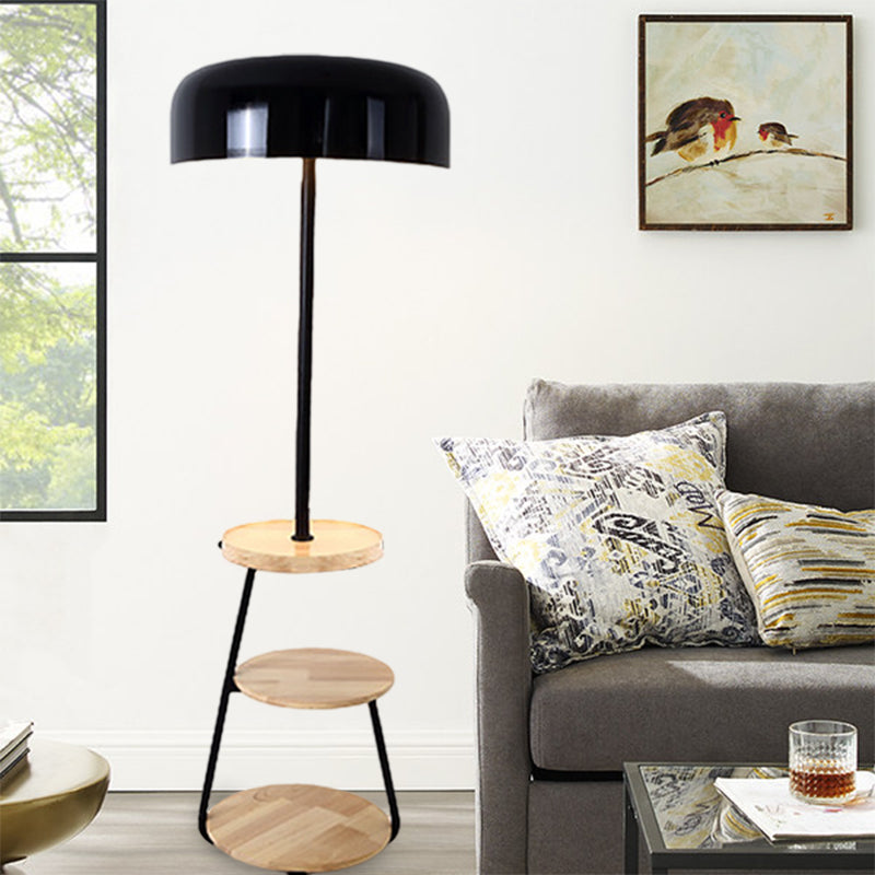 Modern Black Metal Floor Lamp With Wood Shelves - 2 Bulb Bowl Shade Light