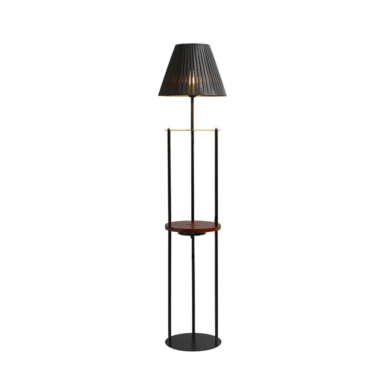 Modern Pleated Fabric Floor Lamp With Tapered Stand Shelf And Black Finish