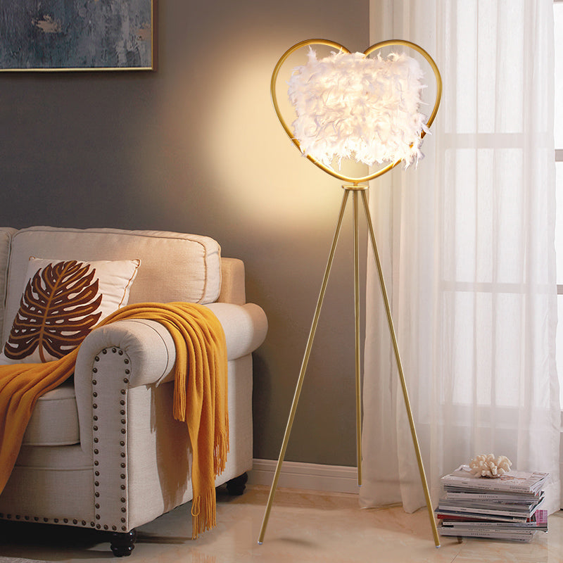 Modern Metallic 1-Head Black/Gold Finish Floor Lamp With Feather Shade & Loving Heart Frame Gold