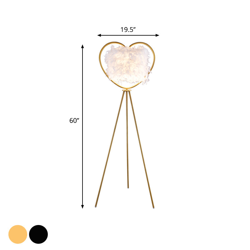 Modern Metallic 1-Head Black/Gold Finish Floor Lamp With Feather Shade & Loving Heart Frame