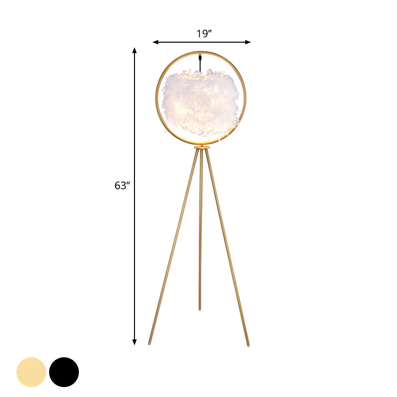 Postmodern Black/Gold Tripod Floor Lamp With Feather Shade - 1-Bulb Metal Standing Light