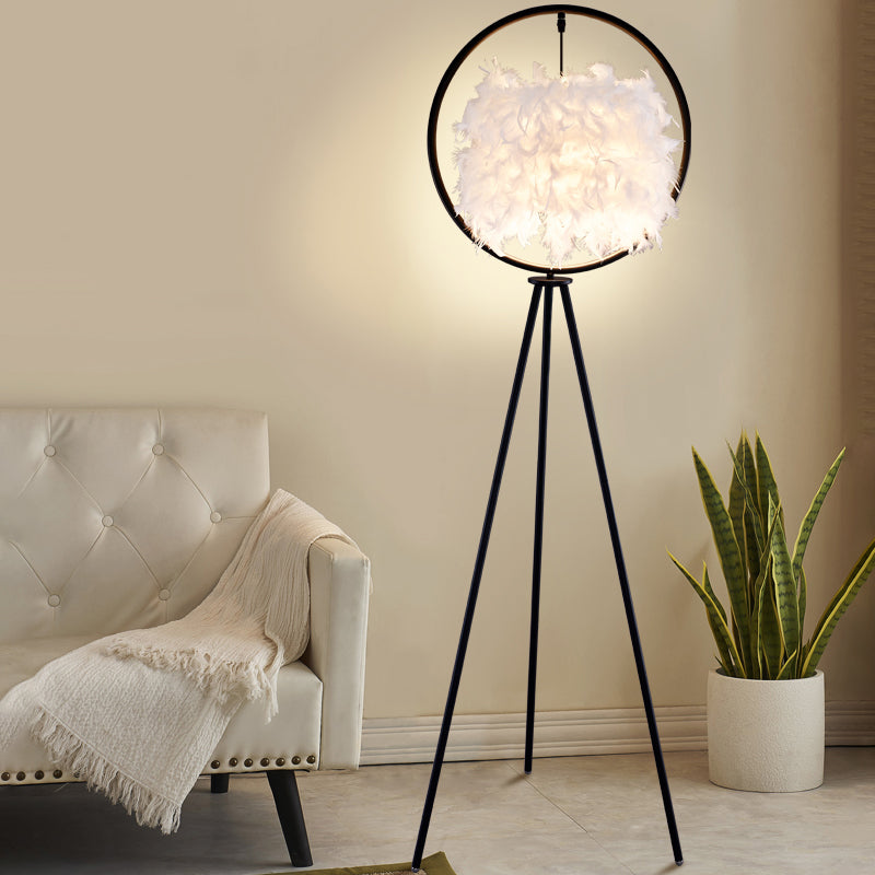 Postmodern Black/Gold Tripod Floor Lamp With Feather Shade - 1-Bulb Metal Standing Light Black