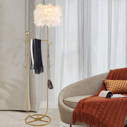 U-Shape Metallic Tree Floor Lamp 1-Light Black/Gold Finish With Feather Shade - Simple And Stylish