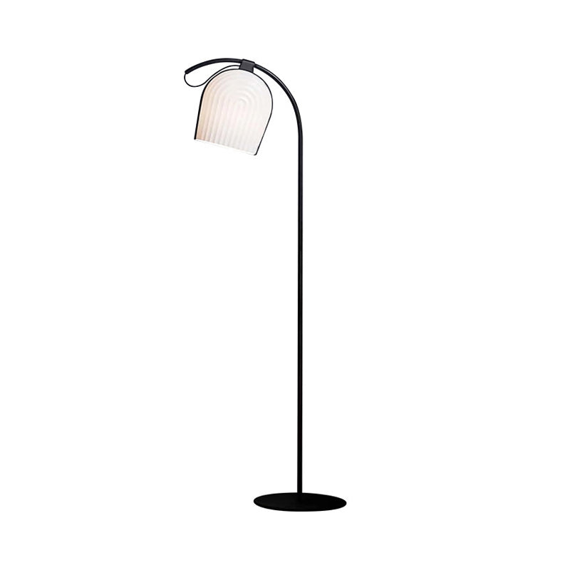 Modernist Black Finish Stand Up Floor Lamp With White Ribbed Glass