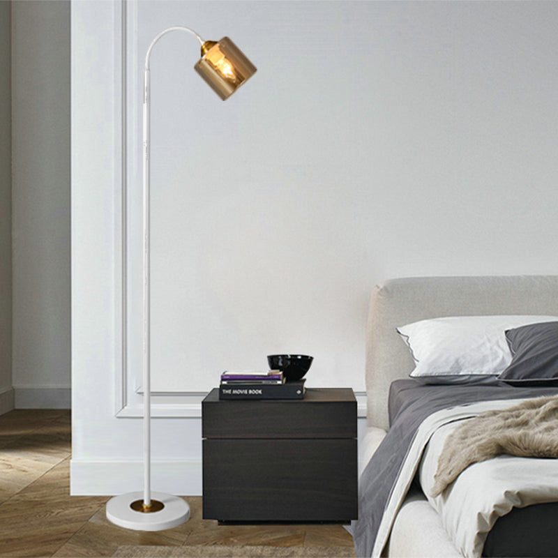 Modern 1-Light Standing Floor Lamp With Amber Glass Shade And White Finish