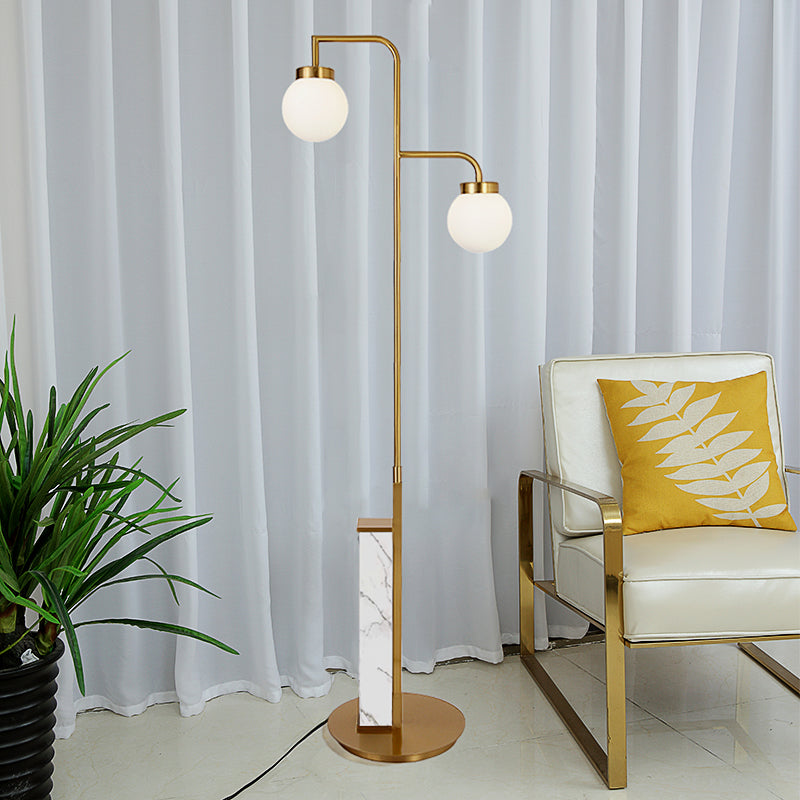 Modern Gold Post Ball Floor Lamp With Frosted Glass Shade - 2-Headed Living Room Tree Light