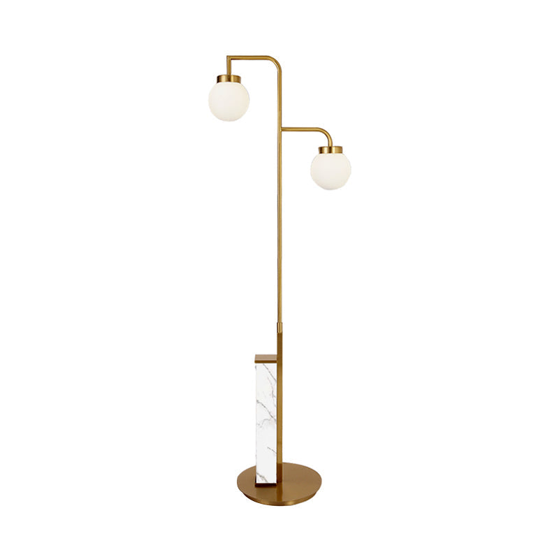 Modern Gold Post Ball Floor Lamp With Frosted Glass Shade - 2-Headed Living Room Tree Light