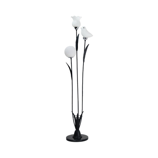 Contemporary 3-Bulb Tree Floor Light With Black/White Stand-Up Lamp And Cream Glass Shade