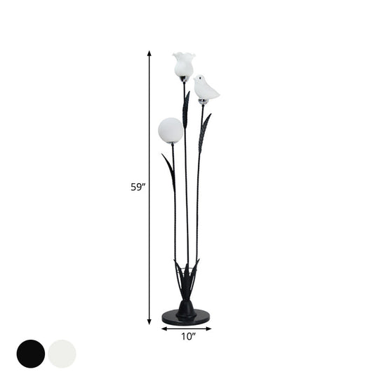 Contemporary 3-Bulb Tree Floor Light With Black/White Stand-Up Lamp And Cream Glass Shade