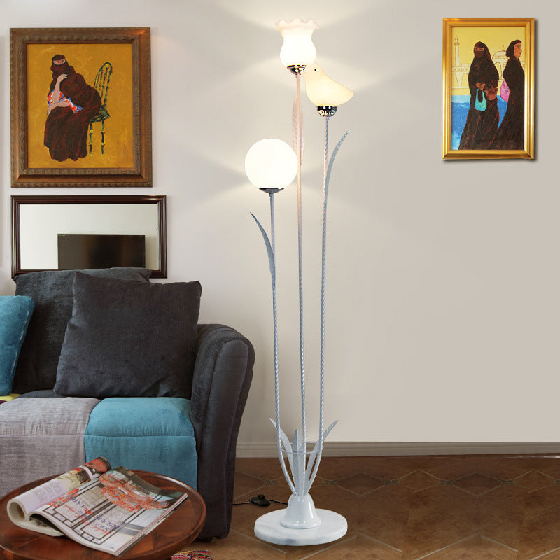 Contemporary 3-Bulb Tree Floor Light With Black/White Stand-Up Lamp And Cream Glass Shade White
