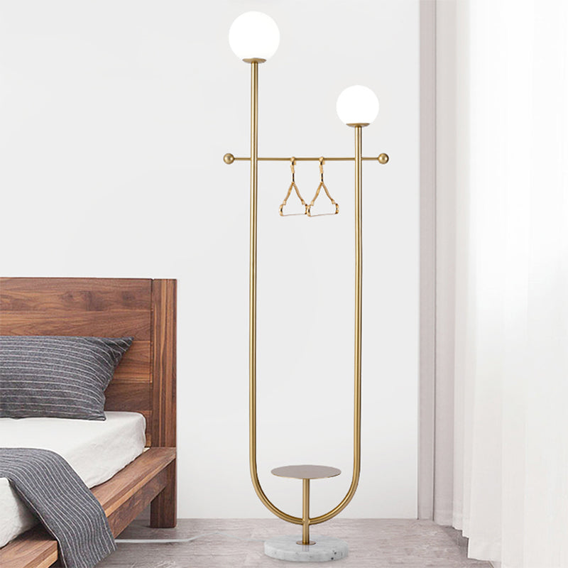 Gold U-Arm Spherical Floor Lamp With Frosted Glass Shades - Modern 2-Bulb Standing Light
