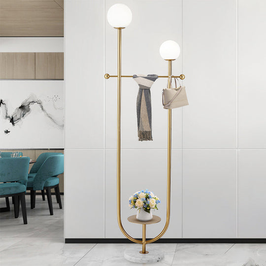 Gold U-Arm Spherical Floor Lamp With Frosted Glass Shades - Modern 2-Bulb Standing Light
