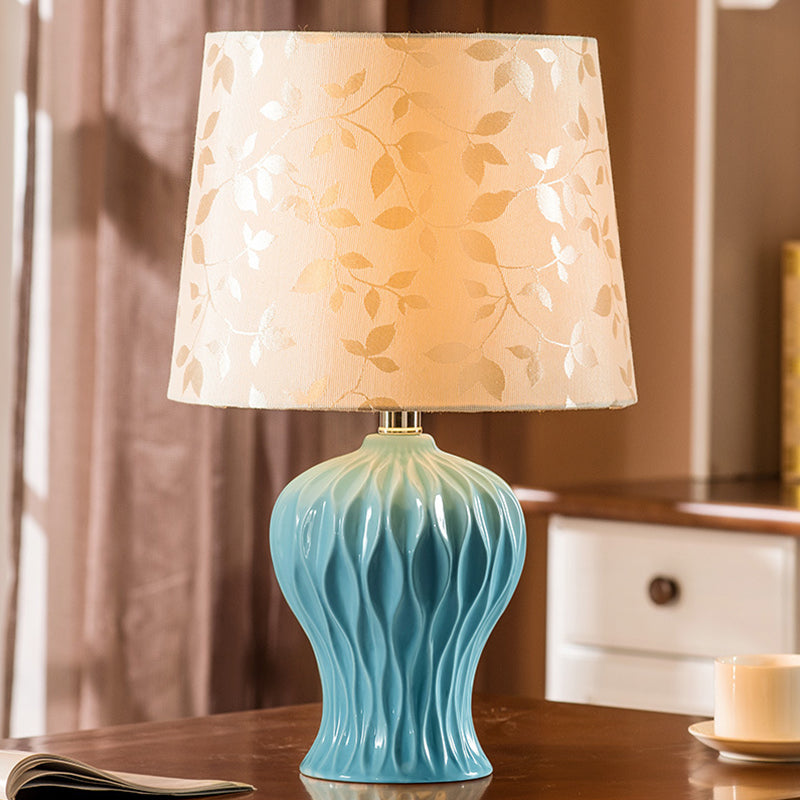 Beige Night Light With Leaf-Printed Fabric Shade - Traditional Table Lamp Blue Urn Base