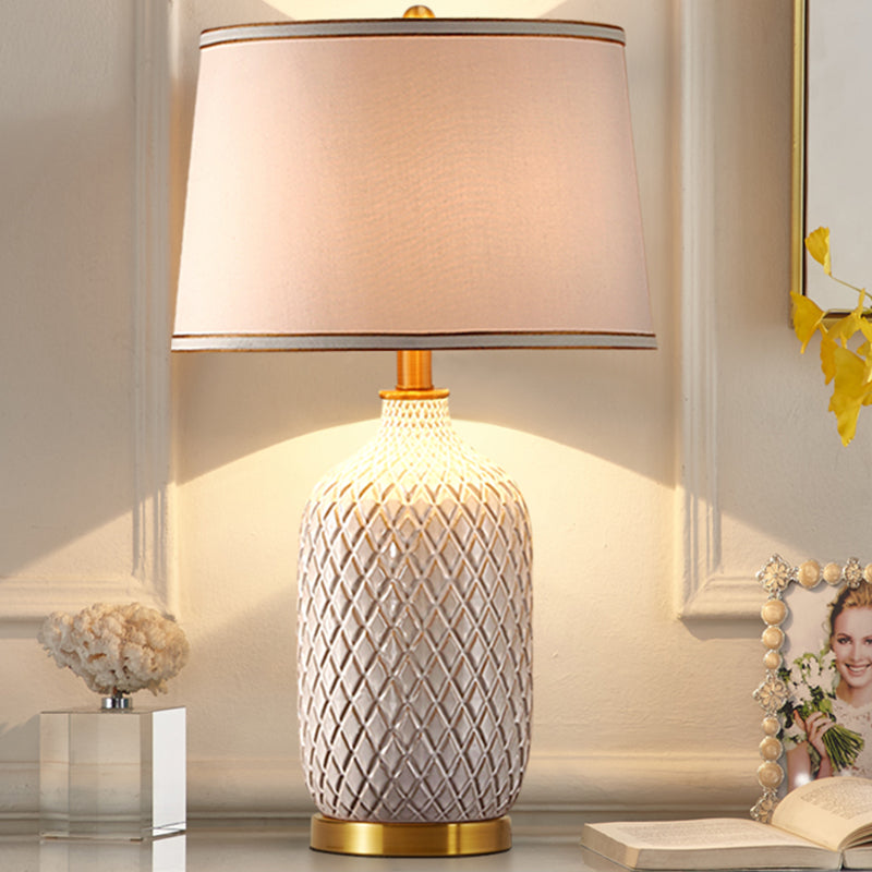 Crisscross-Pattern Ceramic Table Lamp - Traditional White Pot Night Light With Drum Shade