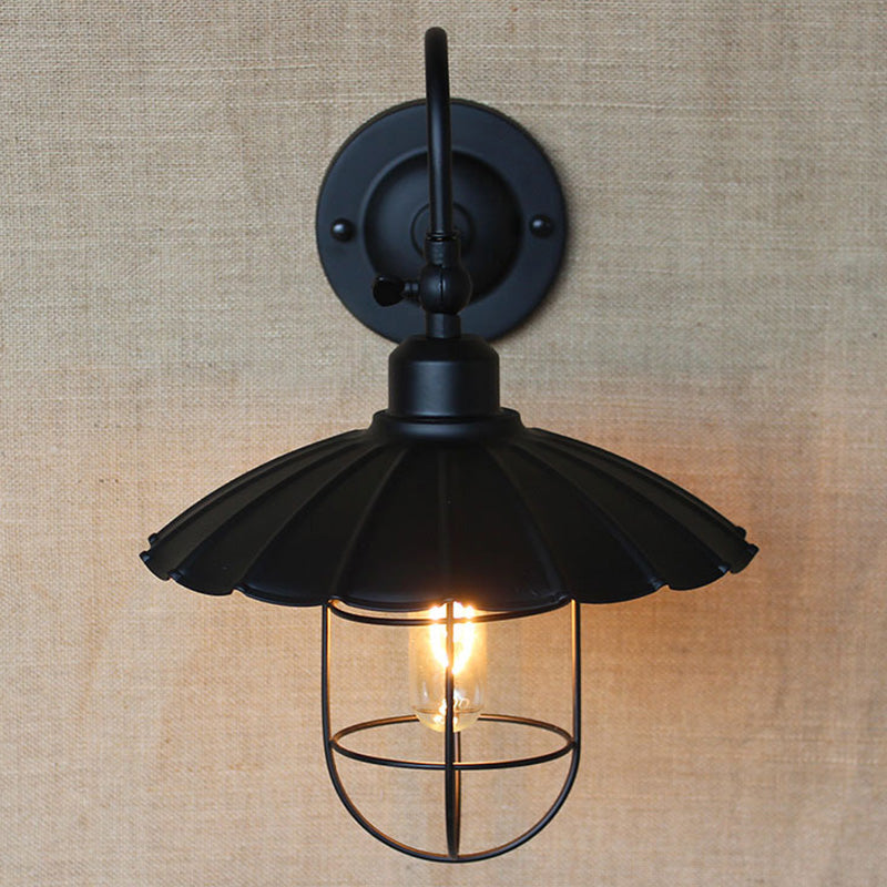 Nautical Scalloped Metal Sconce Light With Cage Shade - Wall Mounted Bedroom Lighting In Black
