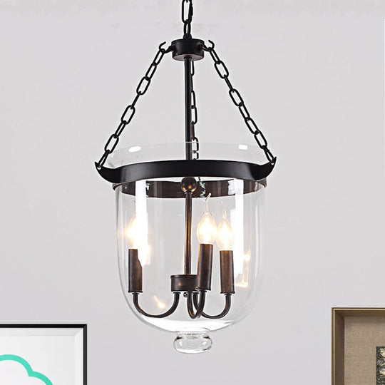 Industrial Clear Glass Pendant Chandelier With Chain - 3-Light Black Hanging Fixture