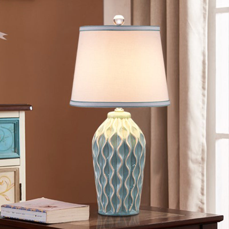 Ceramic Reading Book Light: Rural Blue/Green Twist-Patterned Pottery Table Lighting With Shade Blue