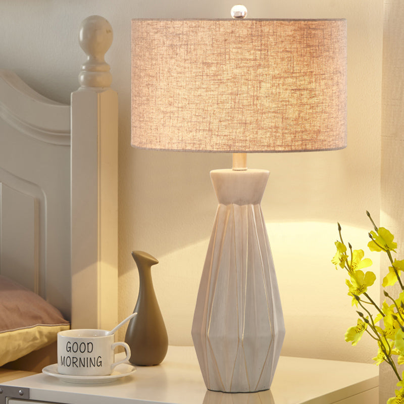 Beige/White Rustic Night Table Lamp With Fabric Drum Shade For Bedside Beige
