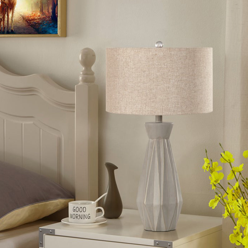 Beige/White Rustic Night Table Lamp With Fabric Drum Shade For Bedside