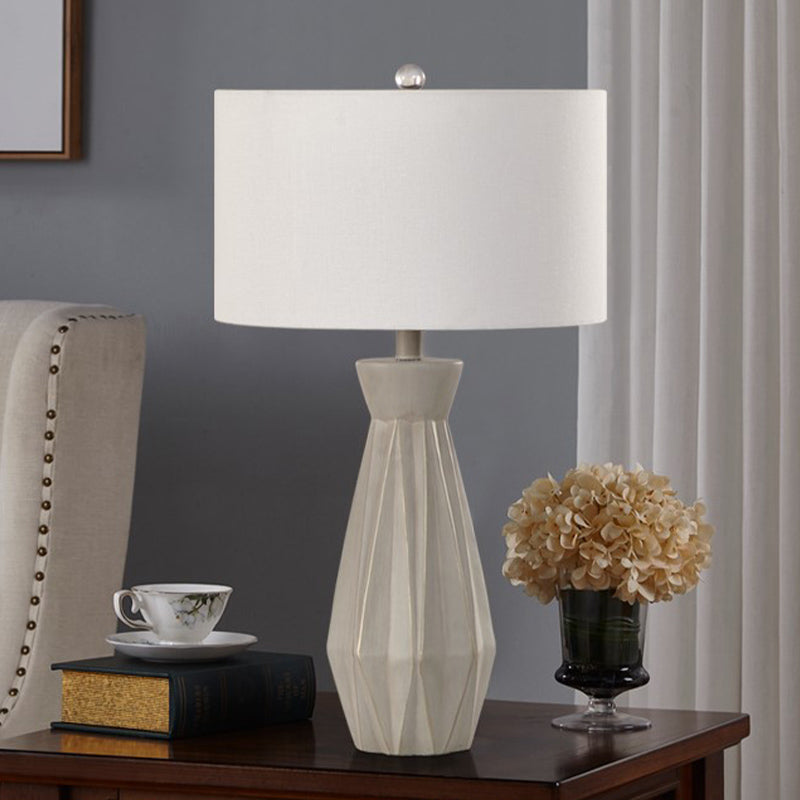 Beige/White Rustic Night Table Lamp With Fabric Drum Shade For Bedside White